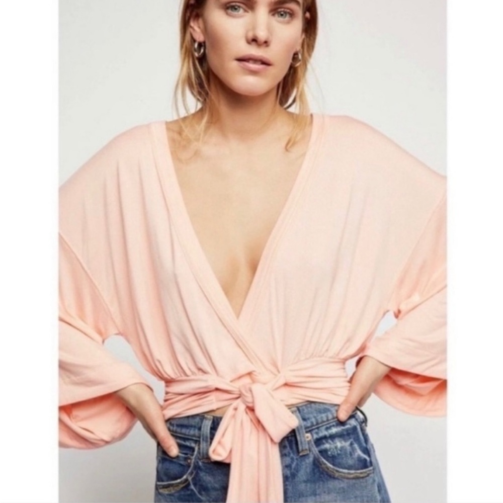 Free People That’s a Wrap Front Tie Long Sleeve Shirt Peach